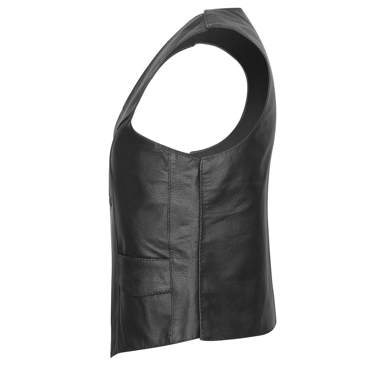 Side profile view of Vance kids cowhide leather motorcycle vest featuring smooth plain sides