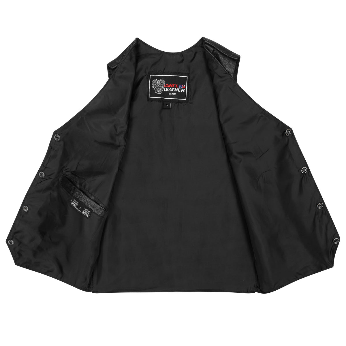 Interior polyester lining and inside storage pocket of Vance youth cowhide leather vest