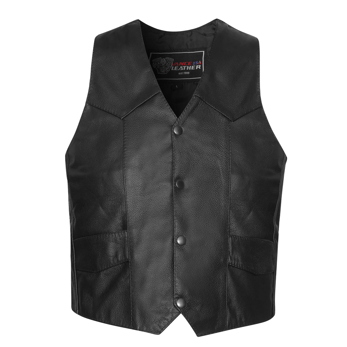 Front view of Vance Kids Cowhide Leather Plain Side Motorcycle Vest with 4-snap closure