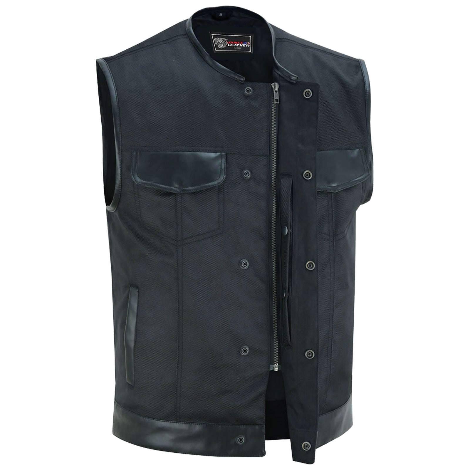 Men's Premium Black Textile Collarless Motorcycle Club Vest with Leath