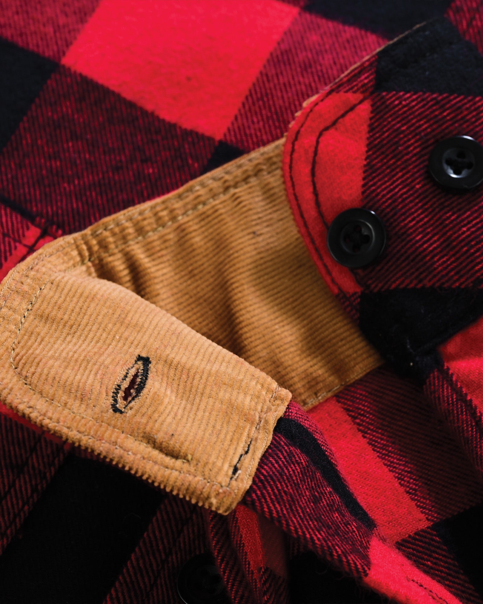 Men's Classic Red Long Sleeve Plaid Button Down Casual Flannel Shirt, Corduroy Cuffs