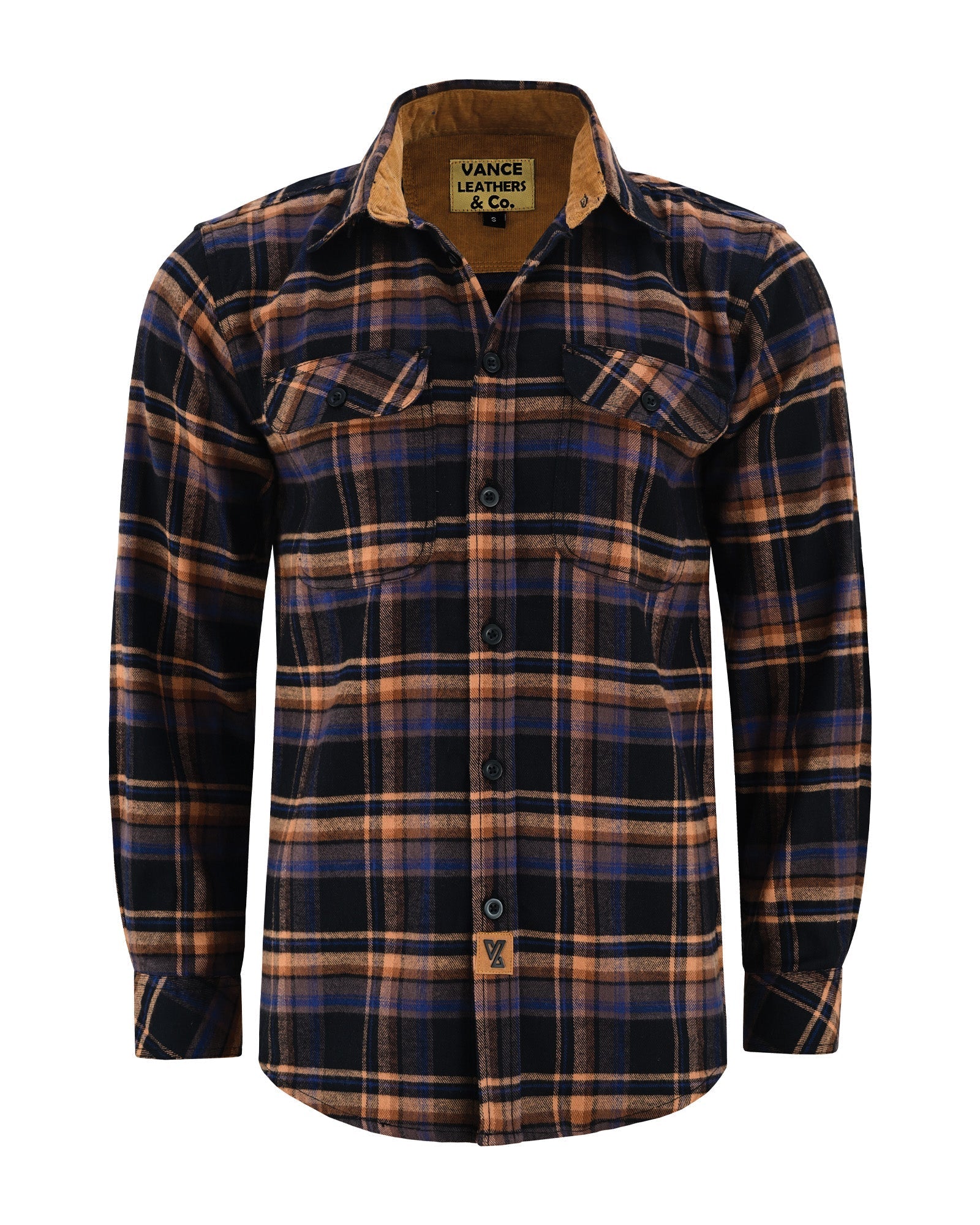 Vance Leather Men's Lumberjacket Midnight Rust Long Sleeve Plaid Button Down Casual Flannel Shirt, Corduroy Cuffs
