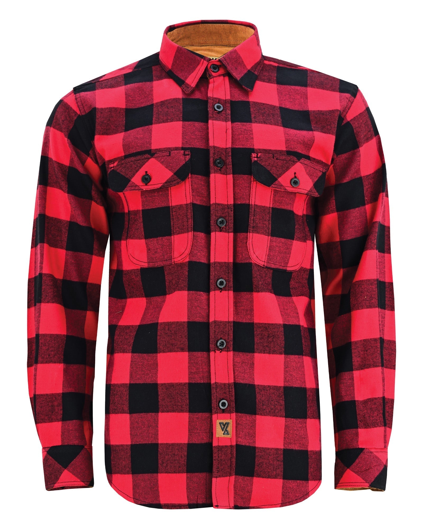 Men's Classic Red Long Sleeve Plaid Button Down Casual Flannel Shirt, Corduroy Cuffs