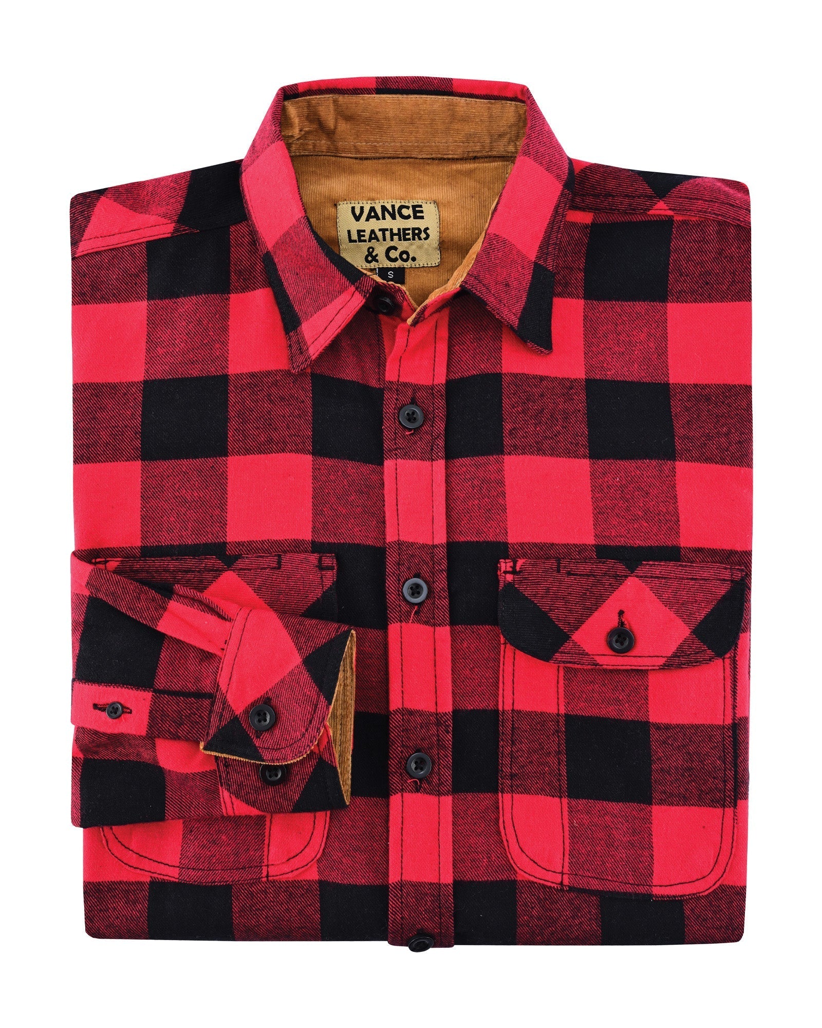 Vance Leather Men's Classic Red Long Sleeve Plaid Button Down Casual Flannel Shirt, Corduroy Cuffs