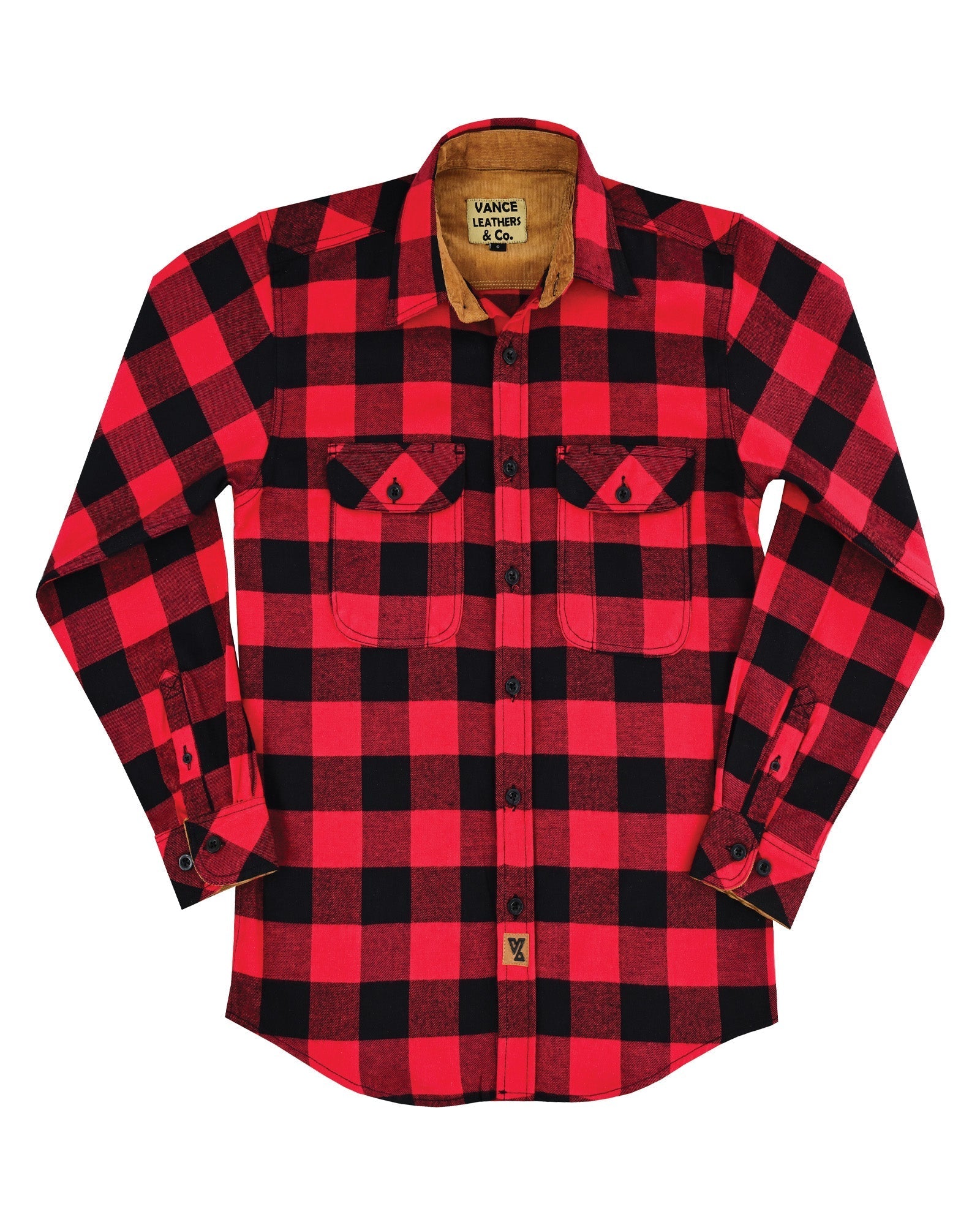 Men's Classic Red Long Sleeve Plaid Button Down Casual Flannel Shirt, Corduroy Cuffs