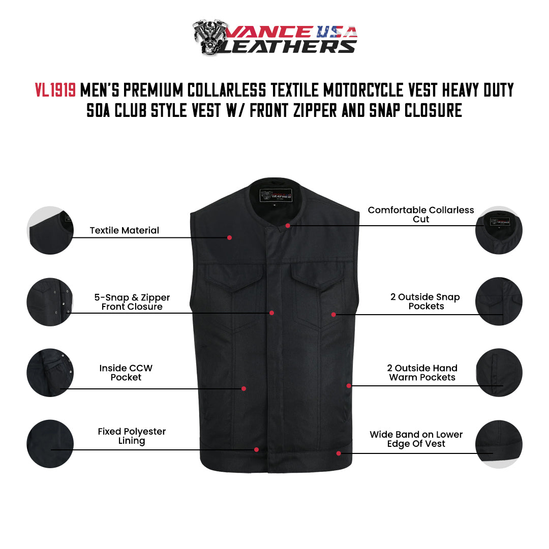 Men’s Premium Collarless Textile Motorcycle Vest Heavy Duty SOA Club Style Vest w/ Front Zipper and Snap Closure - Info graphics