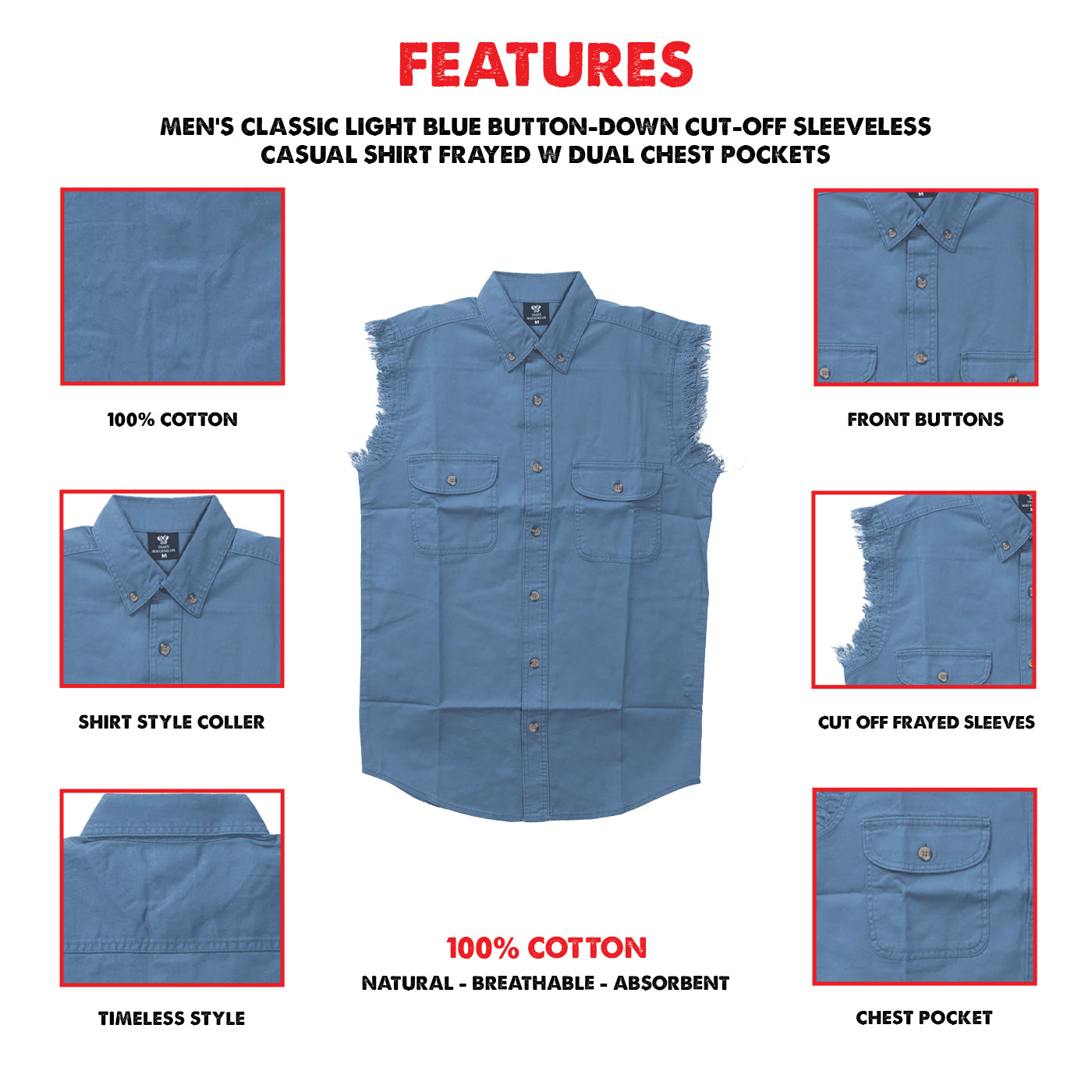 Vance VB701 - Men's Biker Motorcycle Light Blue Cut Off Sleeveless