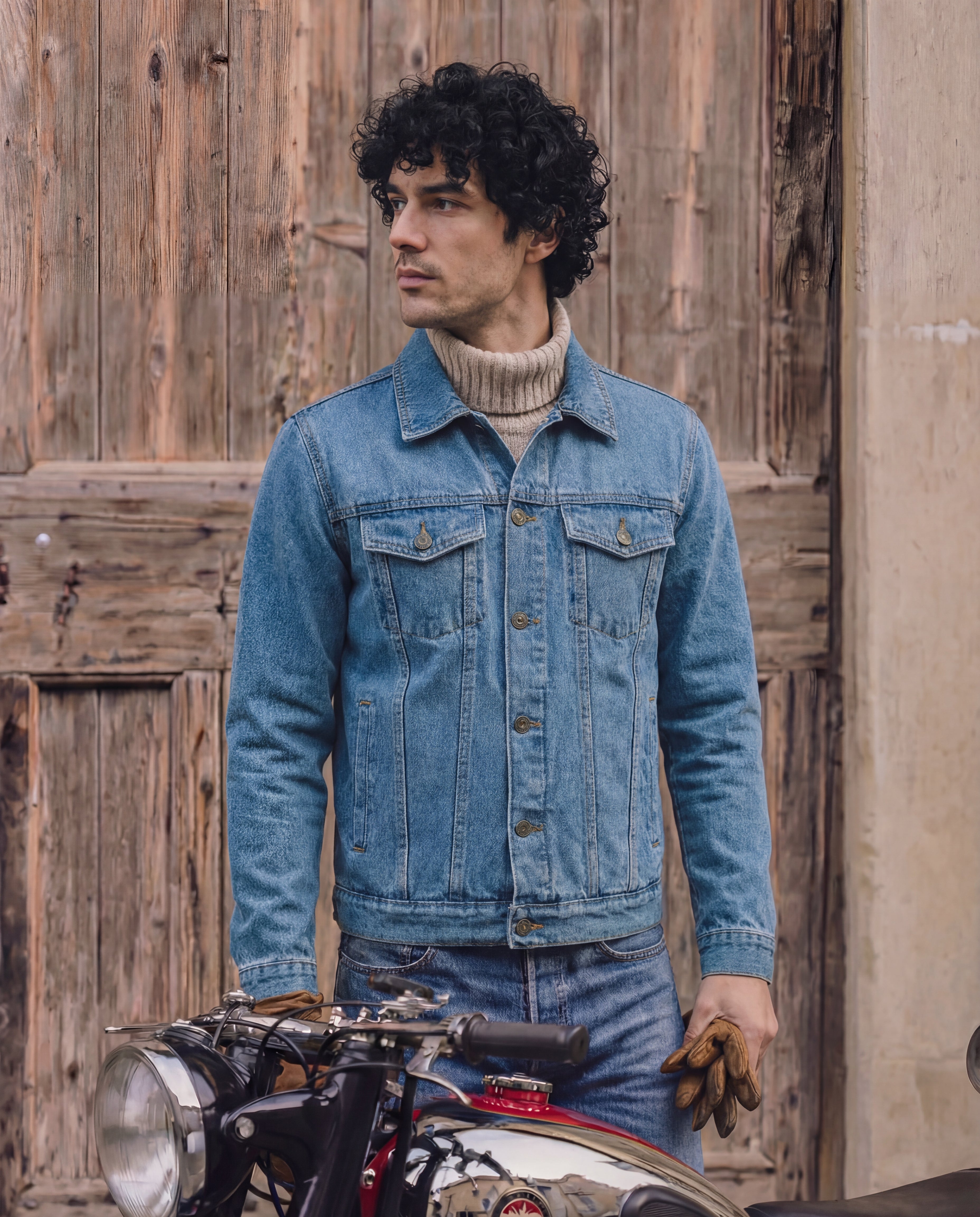 Man wearing Light blue Denim jacket 