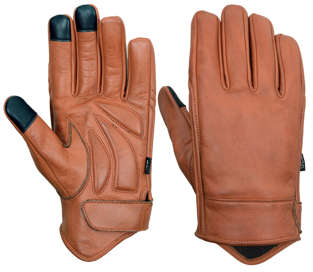 Brown leather motorcycle gloves displayed upright, showing gel palm padding, black touchscreen fingertips, and smooth backs.