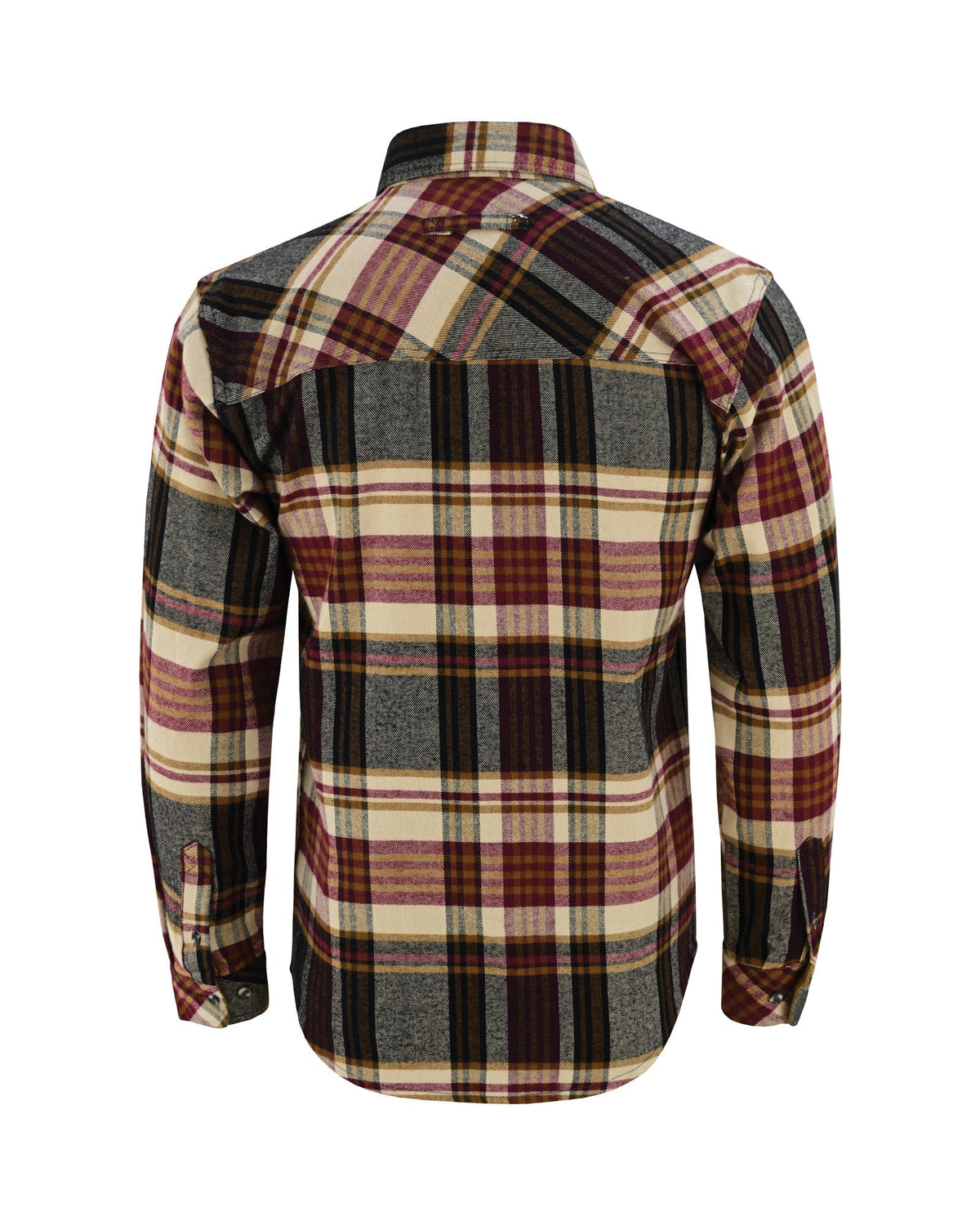 Full back view of the Cedarwood Plaid cotton flannel shirt with diagonal plaid shoulder yoke and long button-cuff sleeves.