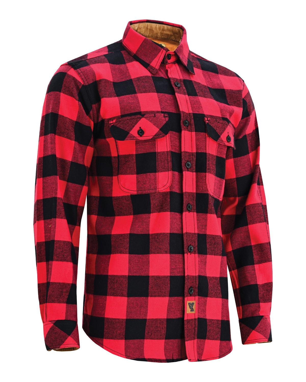 Angled front view of the men's Classic Red plaid flannel shirt, showing button closure, chest pockets and long sleeves.