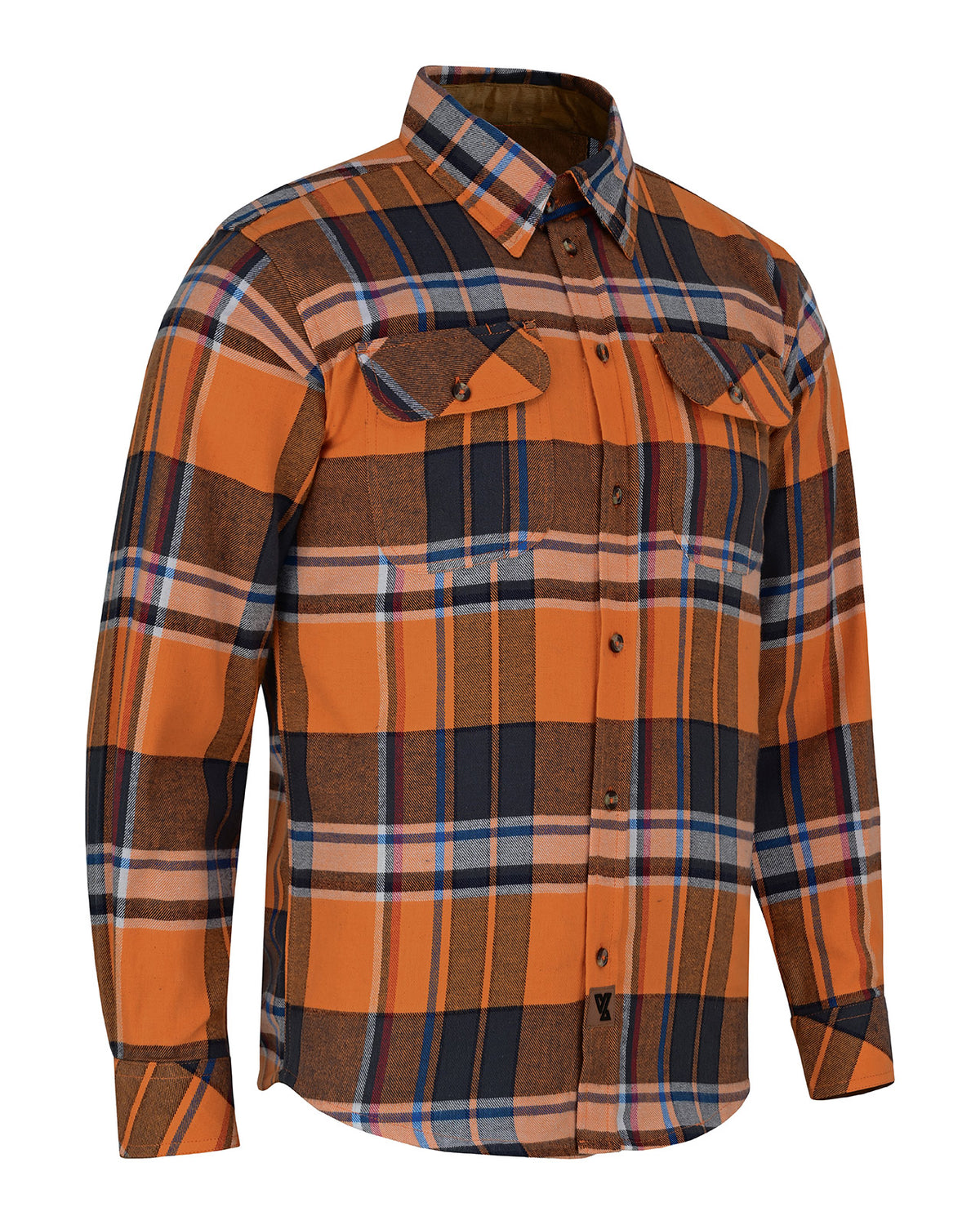 Angled front view of the men’s Cobalt plaid flannel shirt, showing its button front, flap chest pockets and curved hem.
