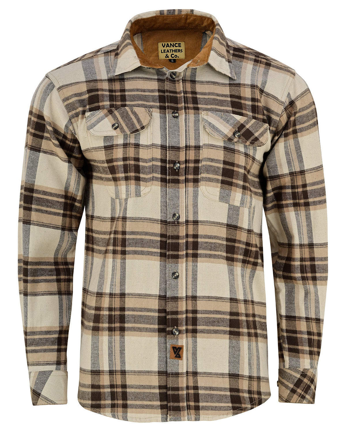 Front view of men's Coffee & Cream long sleeve plaid flannel shirt with button-down front, dual chest pockets and curved hem.