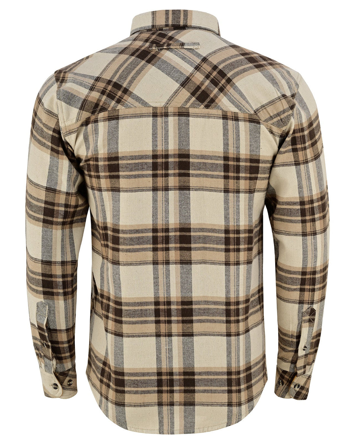Back view of men's Coffee & Cream plaid flannel shirt showing diagonal plaid shoulder yoke, long sleeves and curved hem.