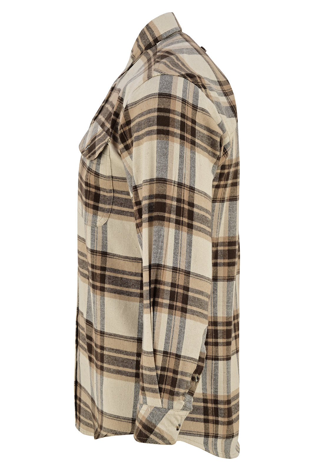 Side profile of men's Coffee & Cream regular fit plaid flannel shirt showing the long sleeve, buttoned cuff and curved hem.