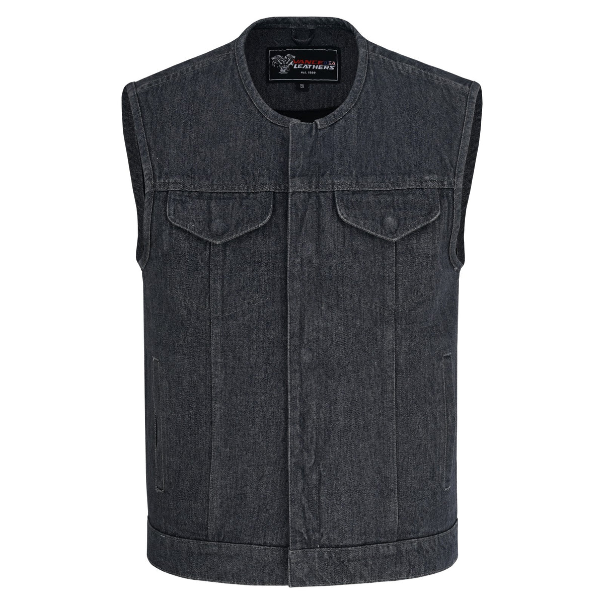 Front view of the distressed grey denim biker vest with a round collarless neckline, flap chest pockets, and concealed closure.