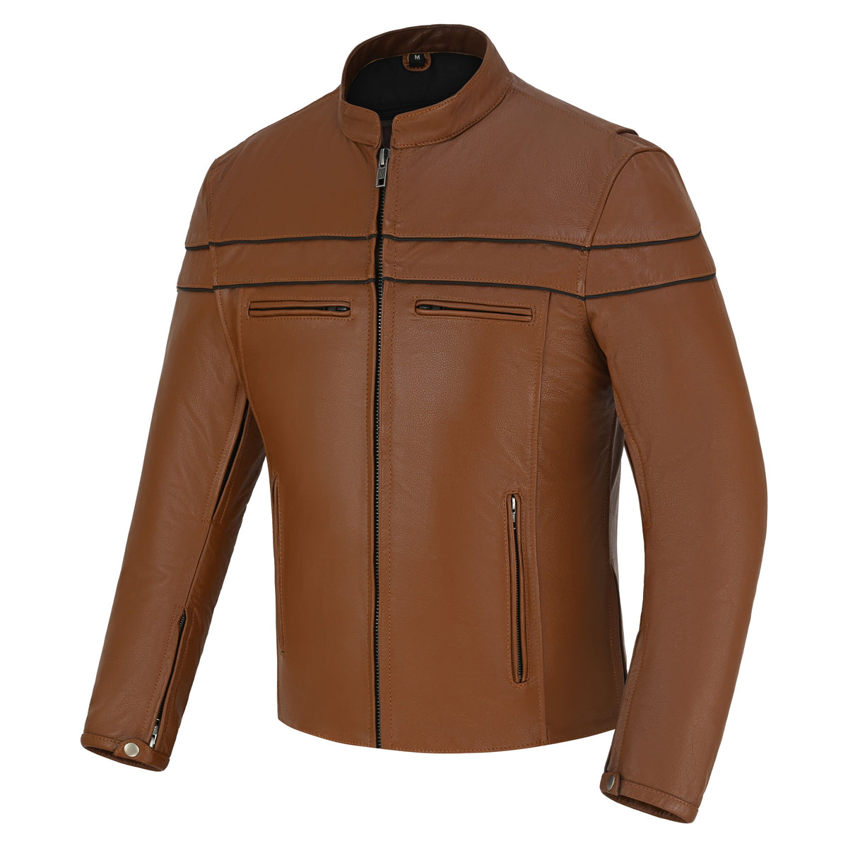 Three-quarter view of the zipped brown cowhide cafe racer jacket with a mandarin collar, chest zippers, and sleeve vents.