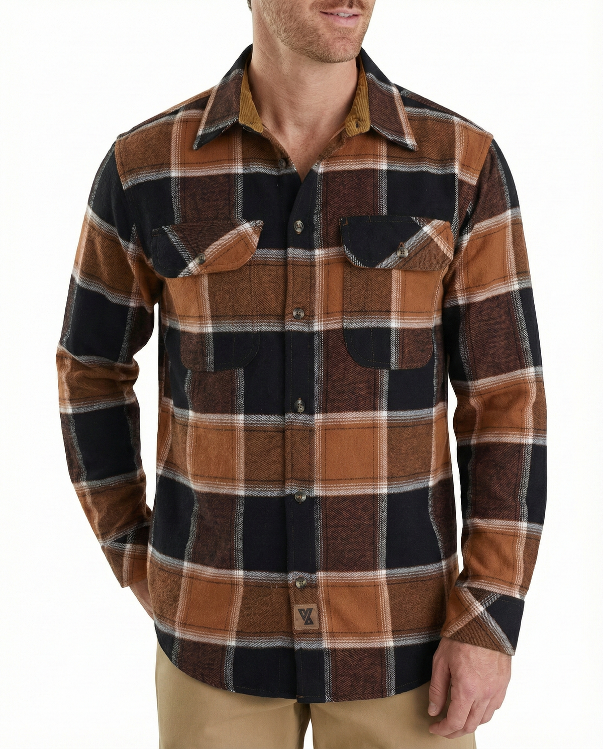 Model wearing the men's Ironwood black-and-rust plaid flannel shirt with long sleeves and two flap chest pockets.