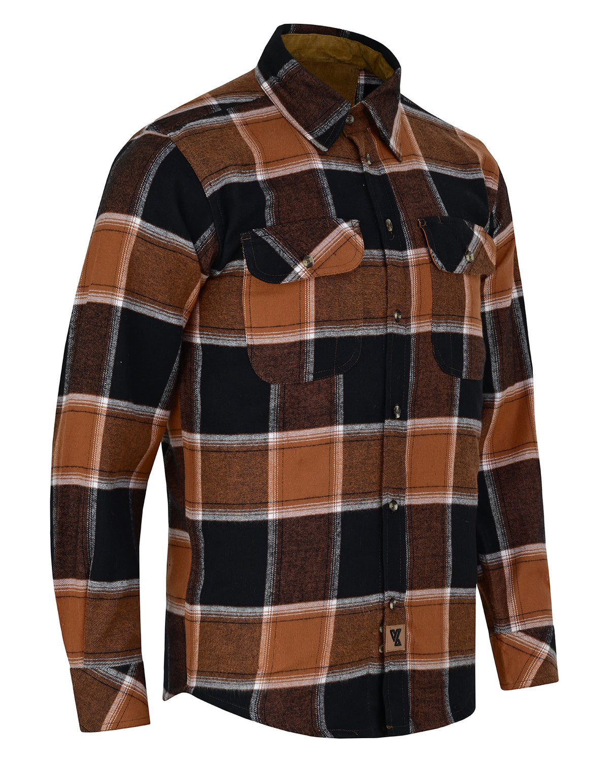 Three-quarter front view of the men's Ironwood plaid flannel shirt, showing its button front and tan collar lining.