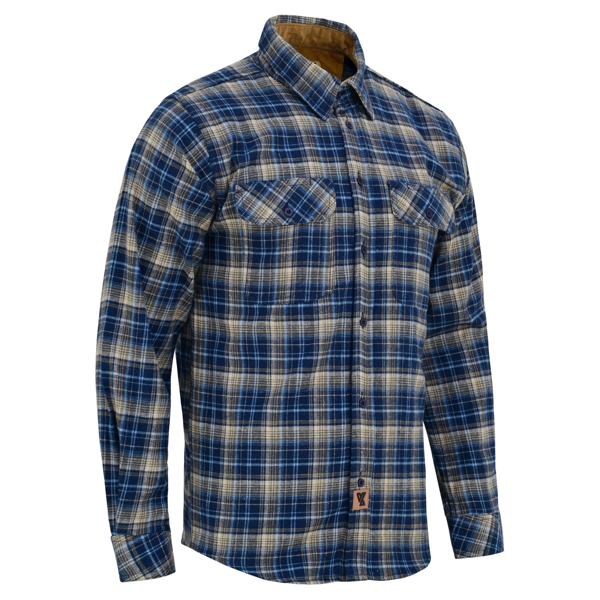Angled front view of the men's Keen Midnight plaid flannel shirt, showing button closure and flap chest pockets.