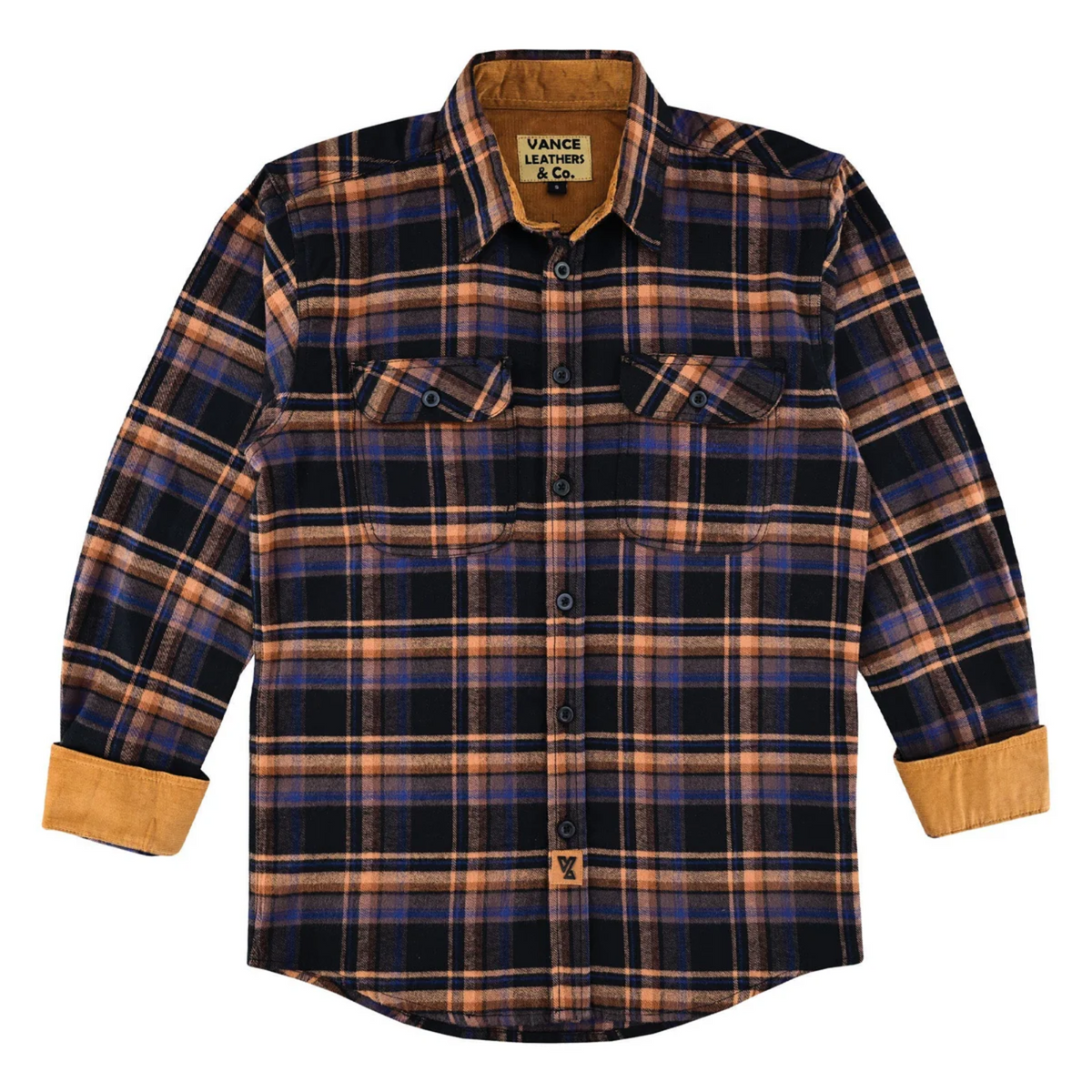 Midnight Rust button-down plaid flannel laid flat with dual chest pockets and cuffs turned to show tan corduroy lining.