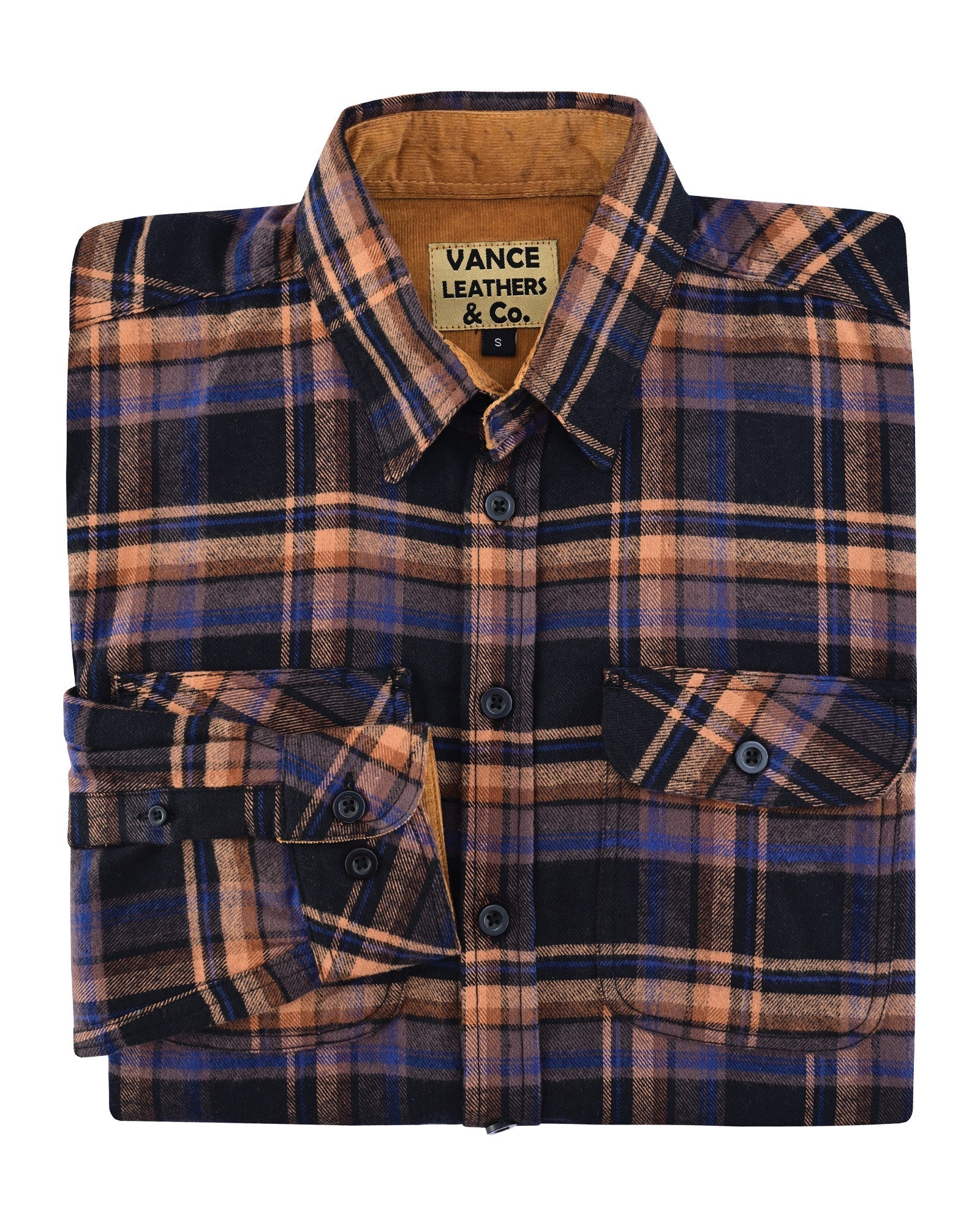 Men's Midnight Rust Long Sleeve Plaid Button Down Casual Flannel Shirt - Folded