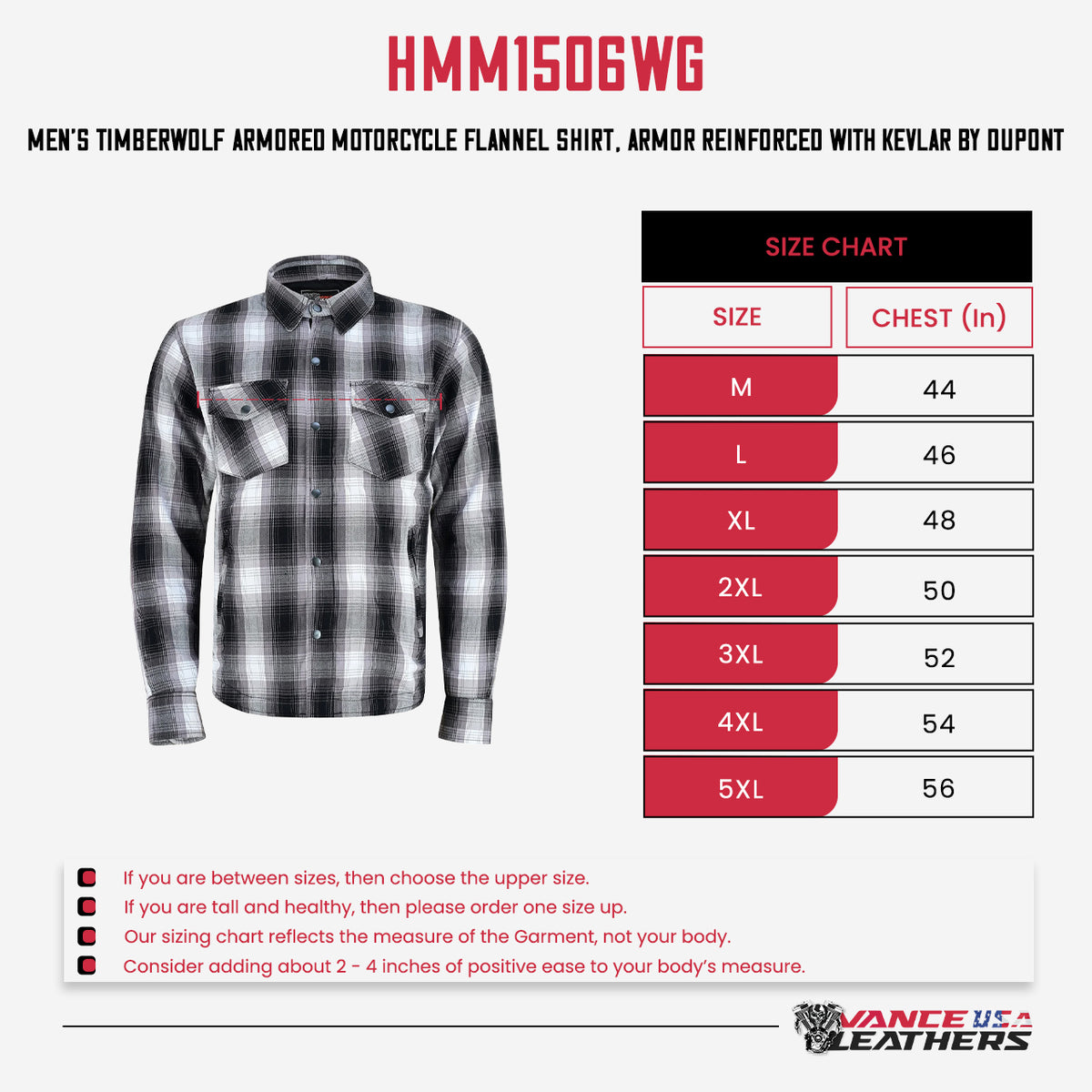 Timberwolf motorcycle flannel shirt size chart, garment chest inches: M 44, L 46, XL 48, 2XL 50, 3XL 52, 4XL 54, 5XL 56.