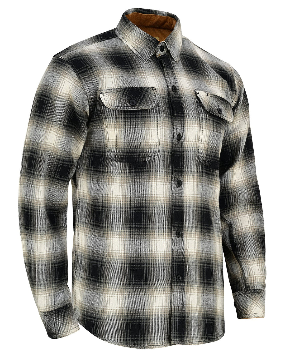 Angled front view of men's Timberwolf plaid flannel shirt showing button closure, flap chest pockets and tan collar lining.
