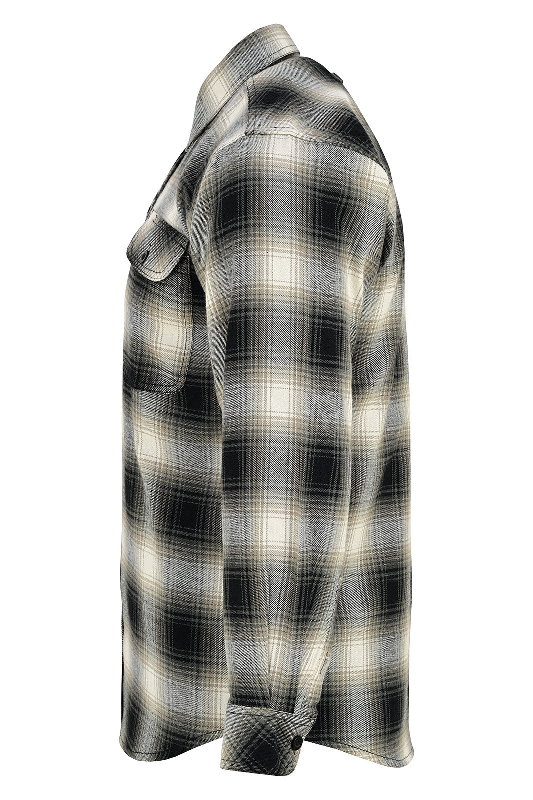 Side profile of men's Timberwolf plaid flannel shirt showing the long sleeve, buttoned cuff and curved hem.