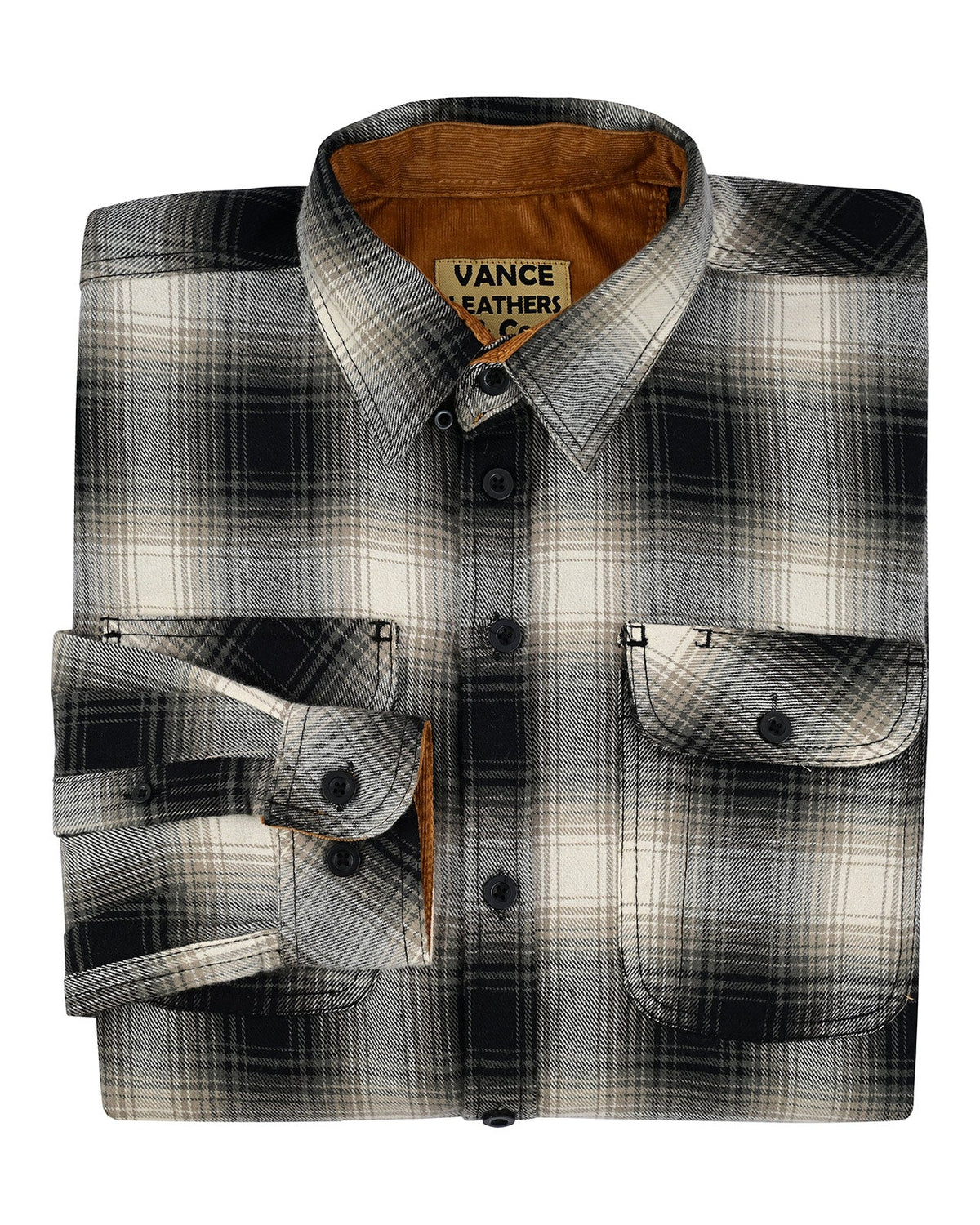 Folded men's Timberwolf plaid flannel shirt showing tan corduroy collar lining, buttoned cuff and chest pocket flap.