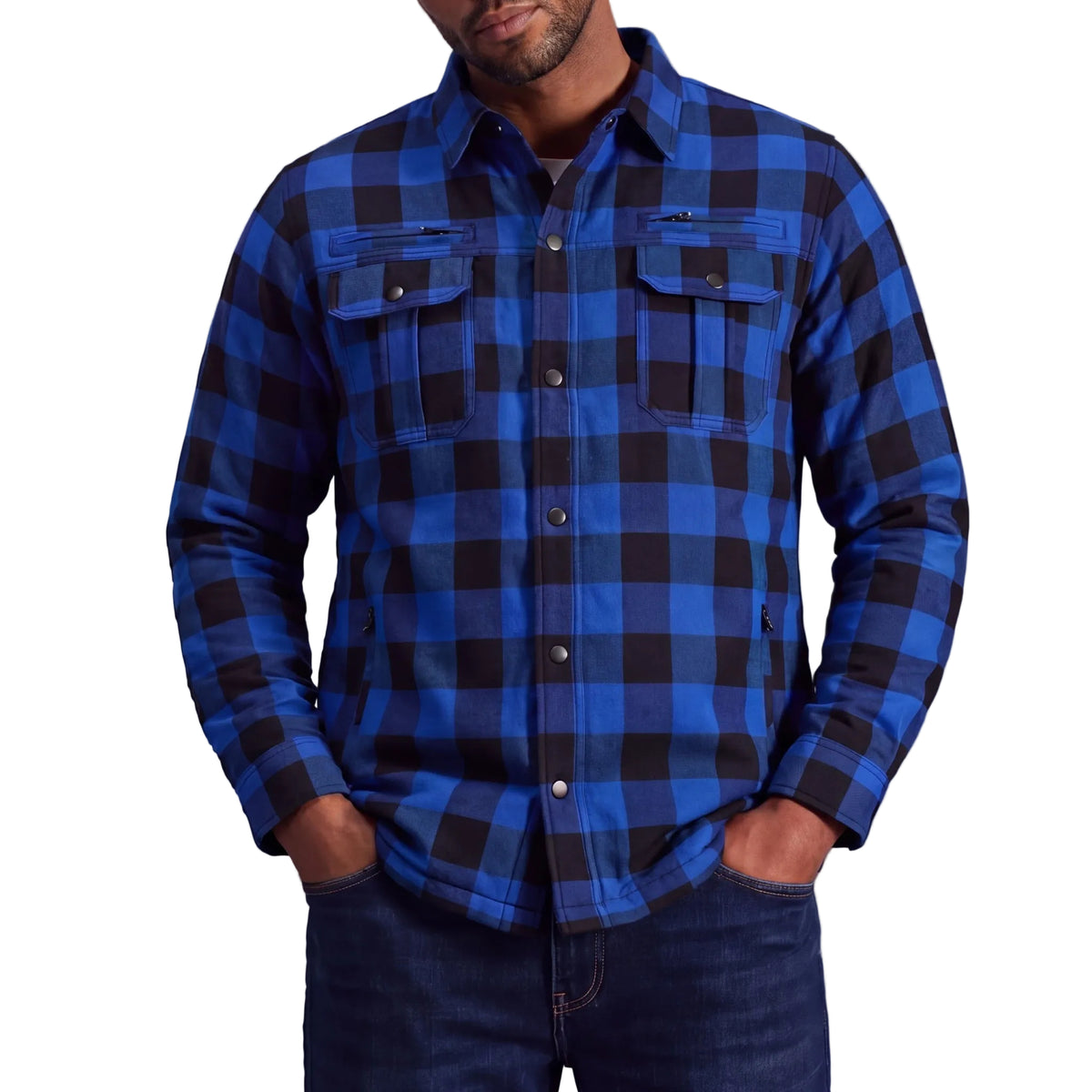 Model wearing a blue and black armored flannel riding shirt with hands in jeans pockets showing the front fit.