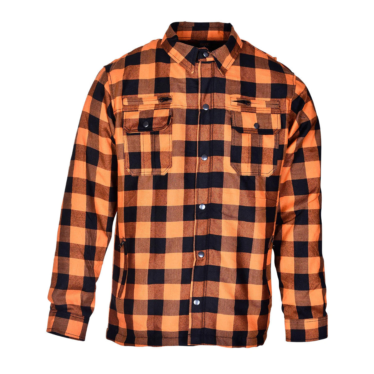 Front view of an orange and black plaid armored flannel riding shirt with chest vents and flap pockets.