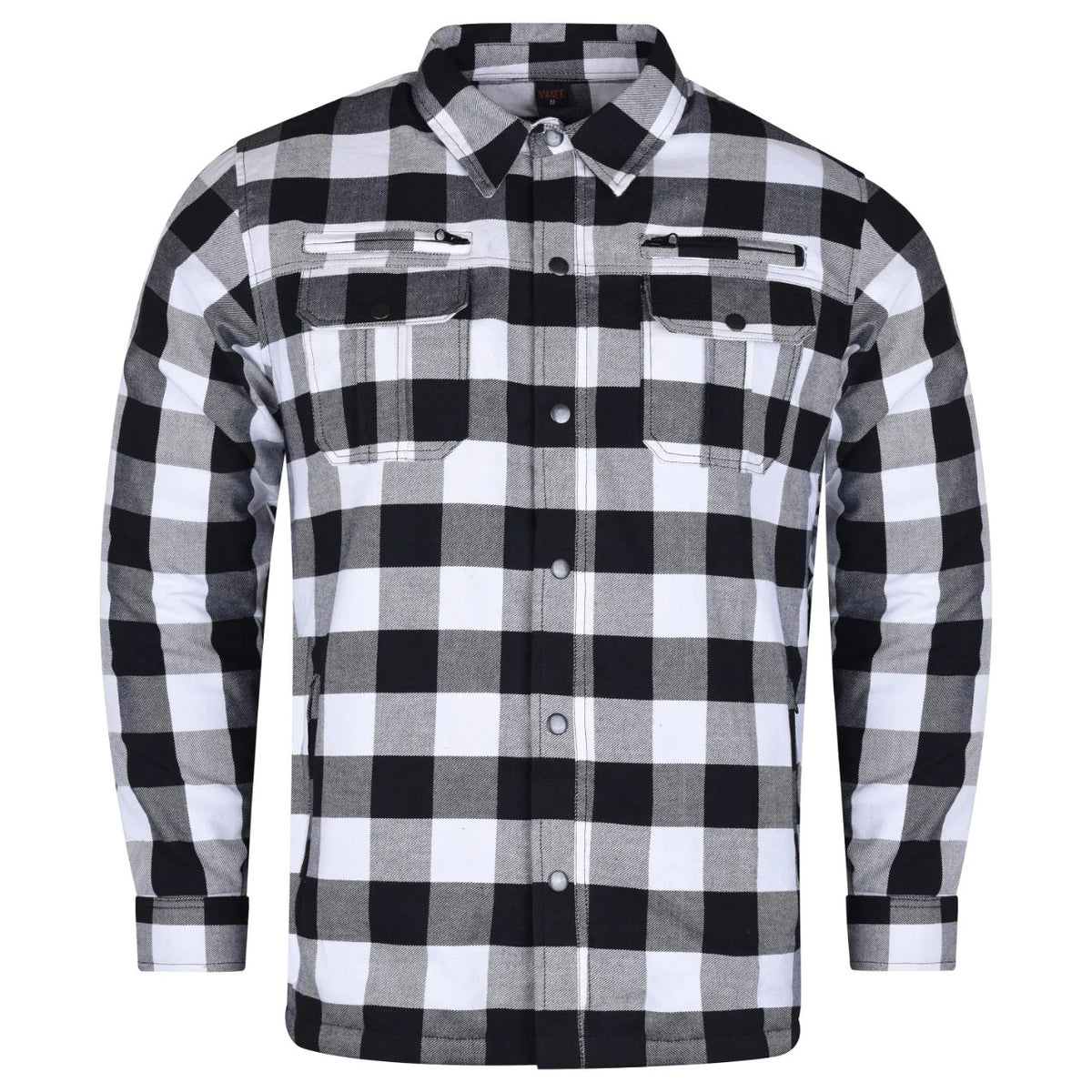 White and black armored flannel riding shirt shown from the front with chest pockets and snap-button closure.