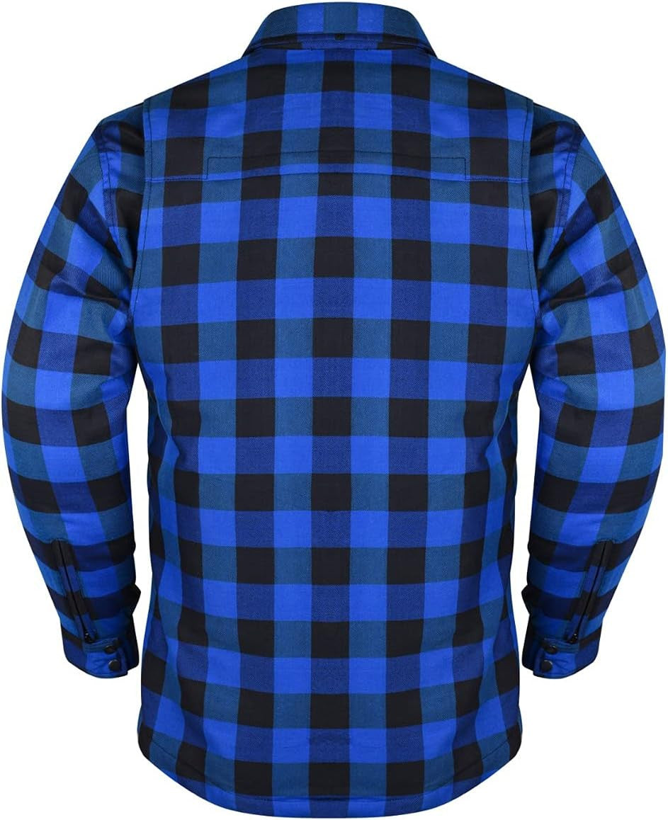 Rear view of a blue and black plaid armored flannel shirt with long sleeves and adjustable cuffs.