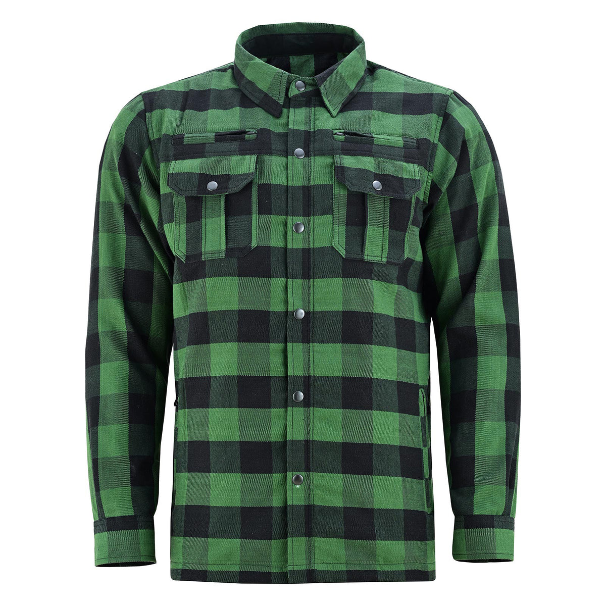 Green and black armored flannel shirt shown from the front with collar fastened and snap-button closure.