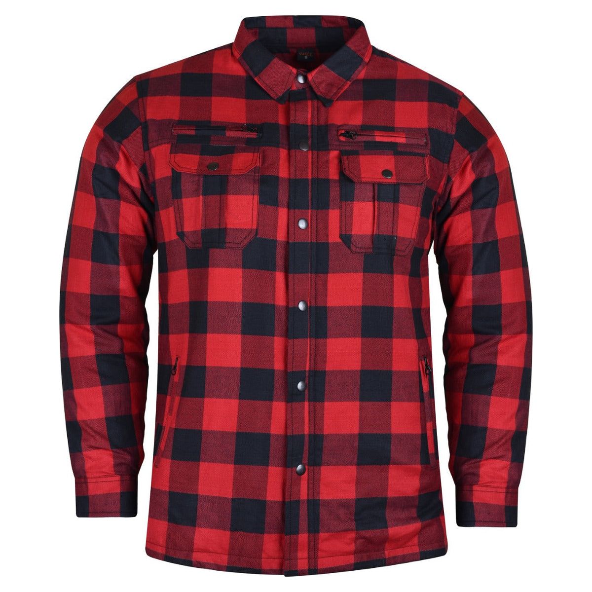 Red and black plaid men's armored flannel shirt shown from the front with snap closure and chest vents.