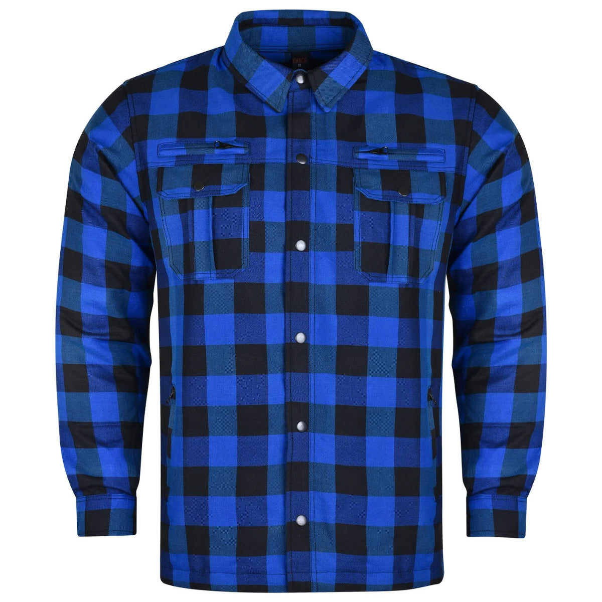 Front view of a blue and black plaid armored motorcycle flannel shirt with chest pockets and snap closure.