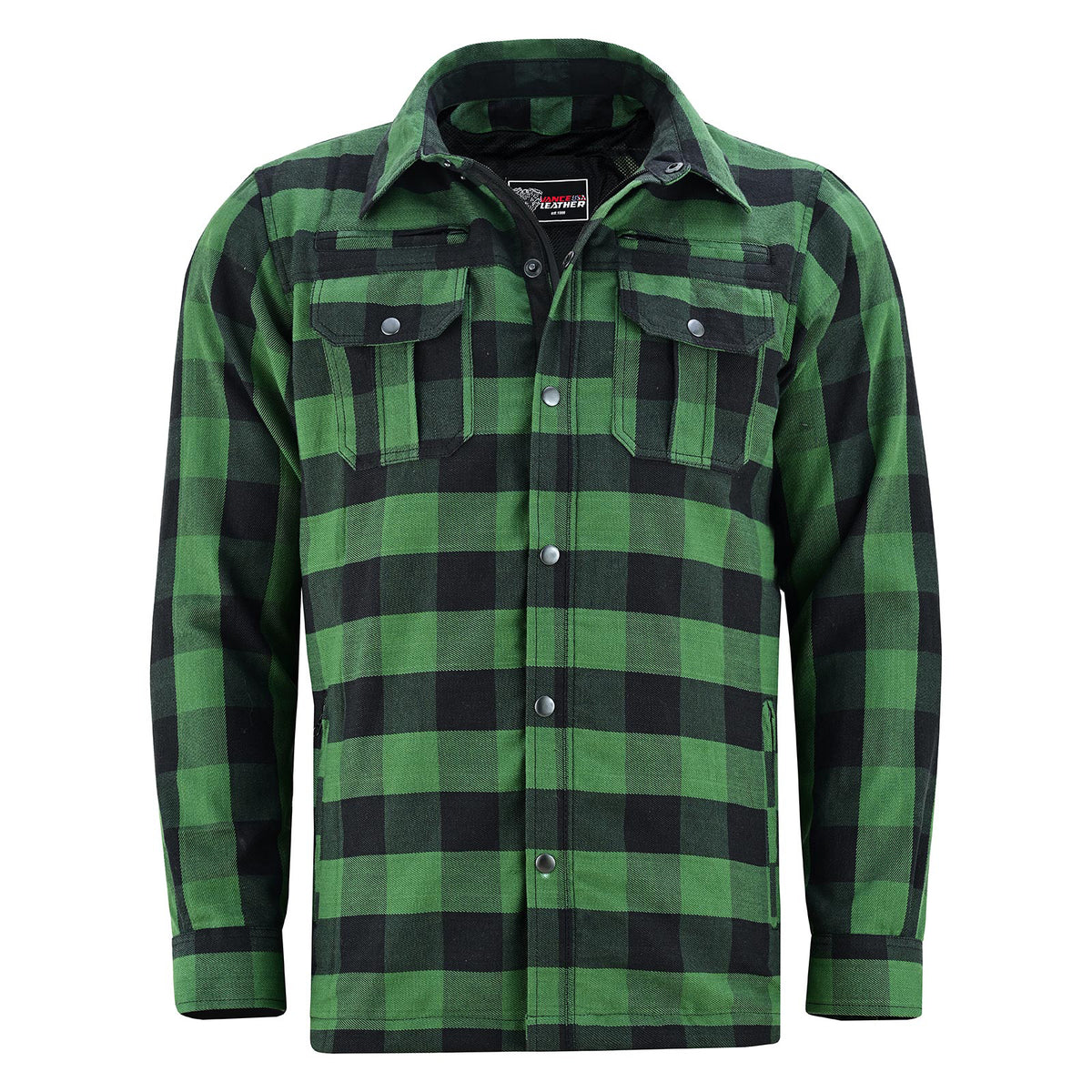 Front view of a green and black armored motorcycle flannel shirt with open collar and visible brand label.