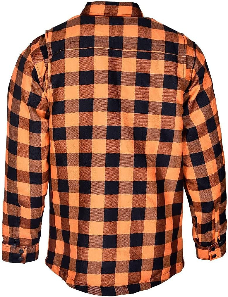 Back view of an orange and black plaid armored motorcycle shirt with zippered sleeves and snap cuffs.