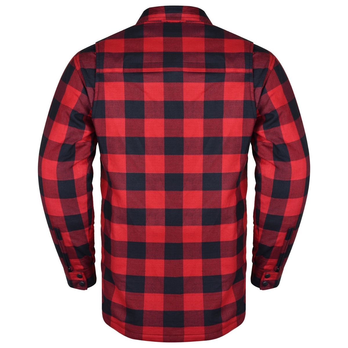 Back view of a red and black plaid armored motorcycle shirt showing sleeve zippers and snap cuffs.