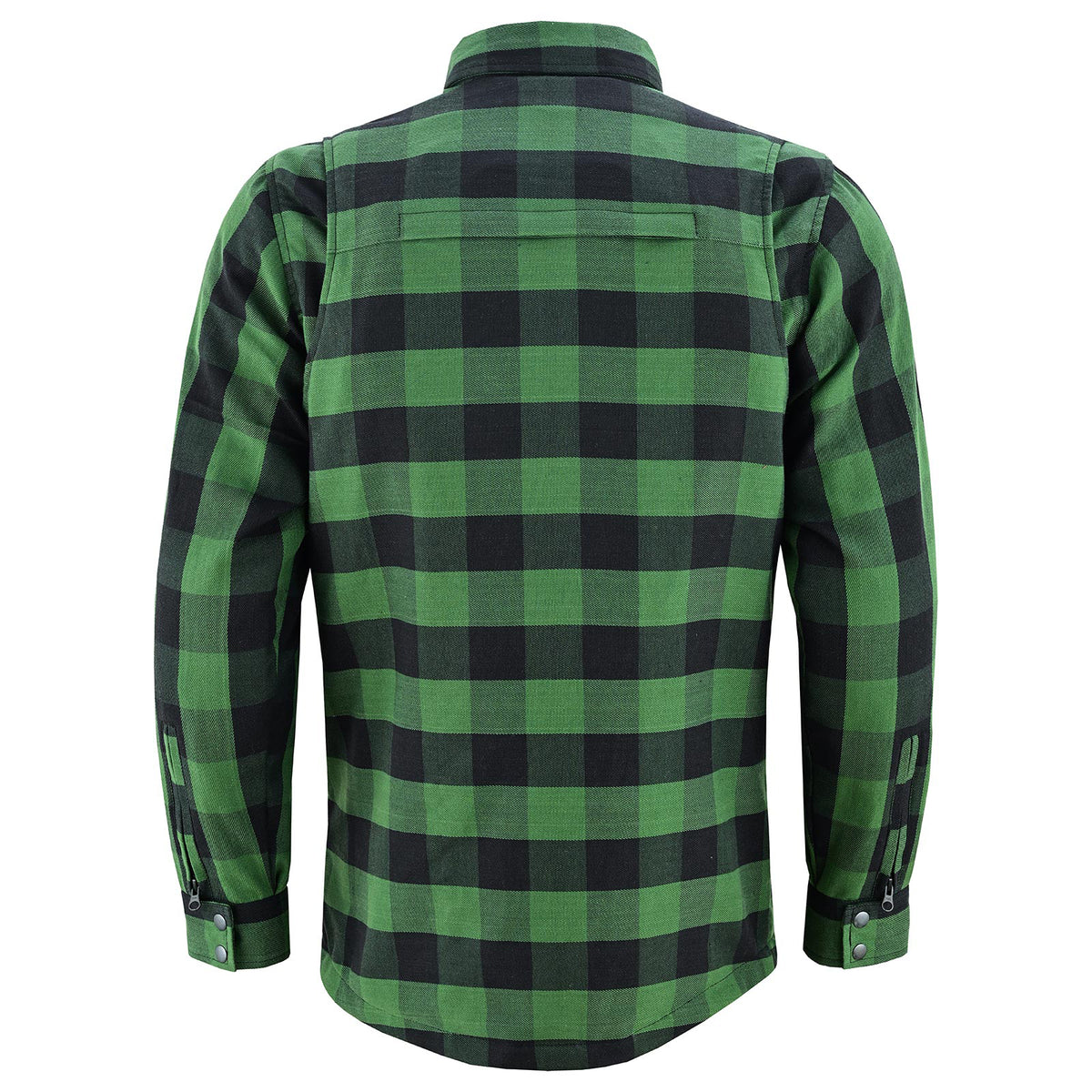 Rear view of a green and black plaid armored riding shirt showing curved hem and zippered snap cuffs