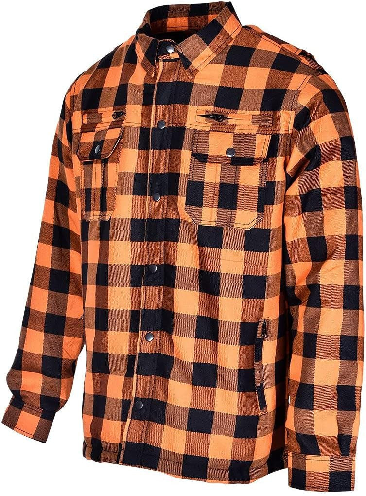 Orange and black motorcycle flannel shirt at an angle showing a zippered waist pocket and snap front.