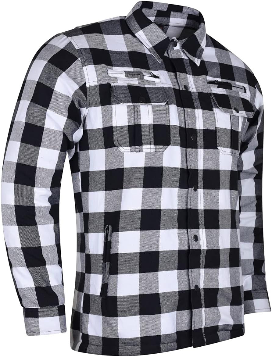 Angled view of a white and black motorcycle flannel shirt showing chest vents and a zippered waist pocket.
