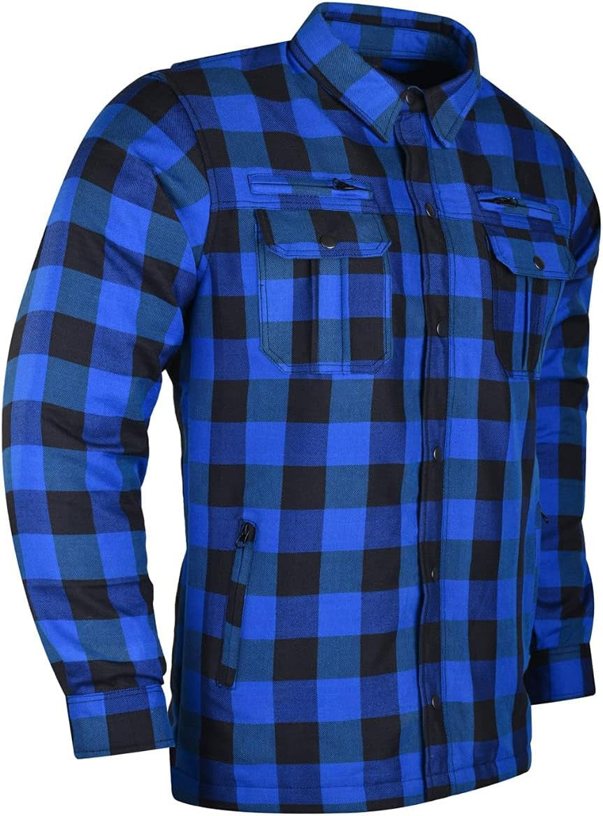 Blue and black motorcycle riding shirt at an angle showing chest vents and a zippered waist pocket.