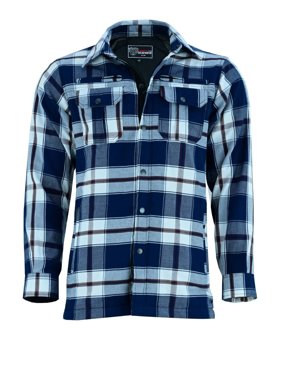 Blue and white motorcycle riding shirt shown from the front with open collar and visible Vance Leathers label.