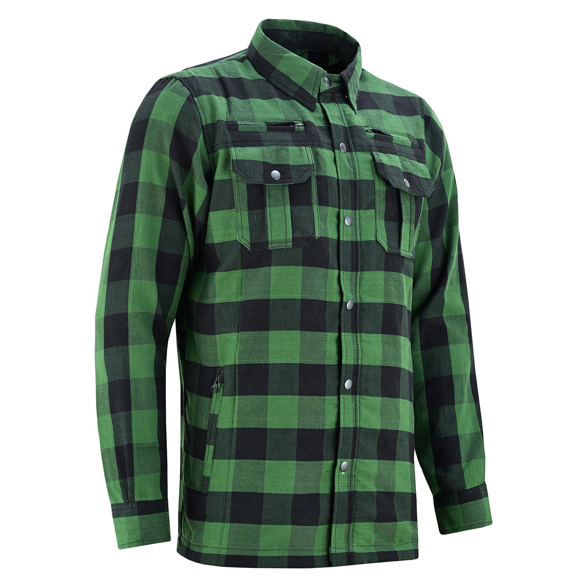 Angled view of a green and black motorcycle riding shirt showing chest flap pockets and zippered waist storage.