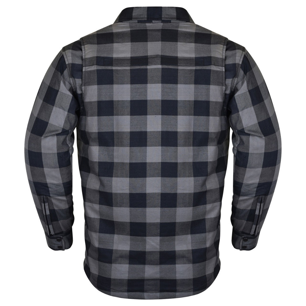 Back view of a grey and black plaid motorcycle riding shirt with long sleeves and zippered cuffs.