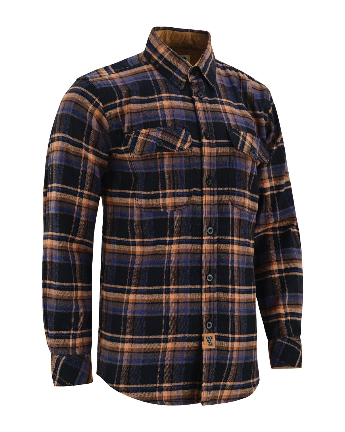 Angled front view of the men's Midnight Rust plaid flannel shirt with button closure and dual flap chest pockets.