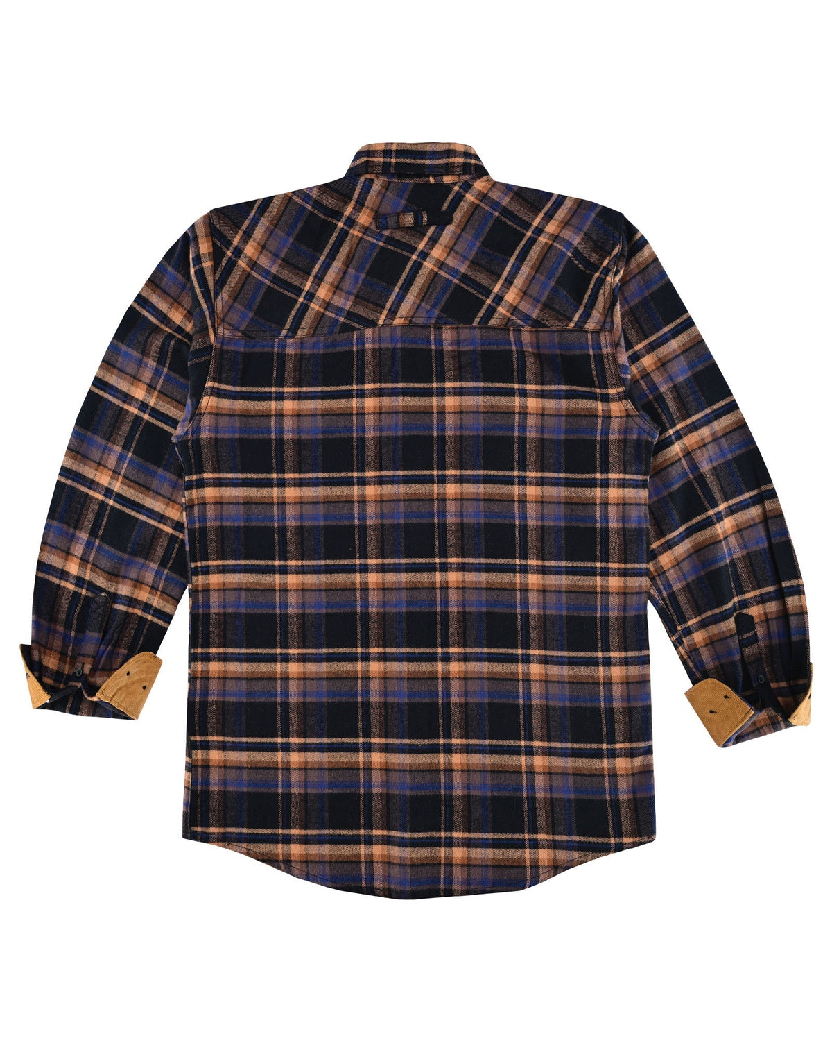  Flat back view of the Midnight Rust long-sleeve flannel shirt showing its plaid shoulder yoke and curved hem
