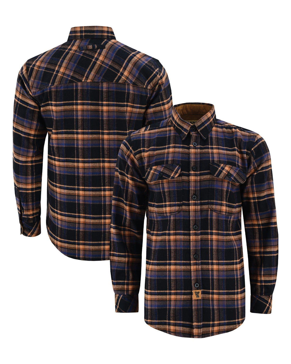 Front and back views of the men's Midnight Rust navy, brown and rust plaid flannel shirt with long sleeves.